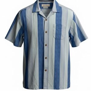 Tommy Bahama Mens 100% Silk Blue Striped Camp Shirt Hula Beach Vacation L